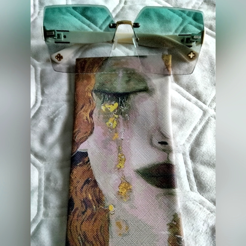 2 pc Cool rimless fade high fashion sunglasses & famous painting print case